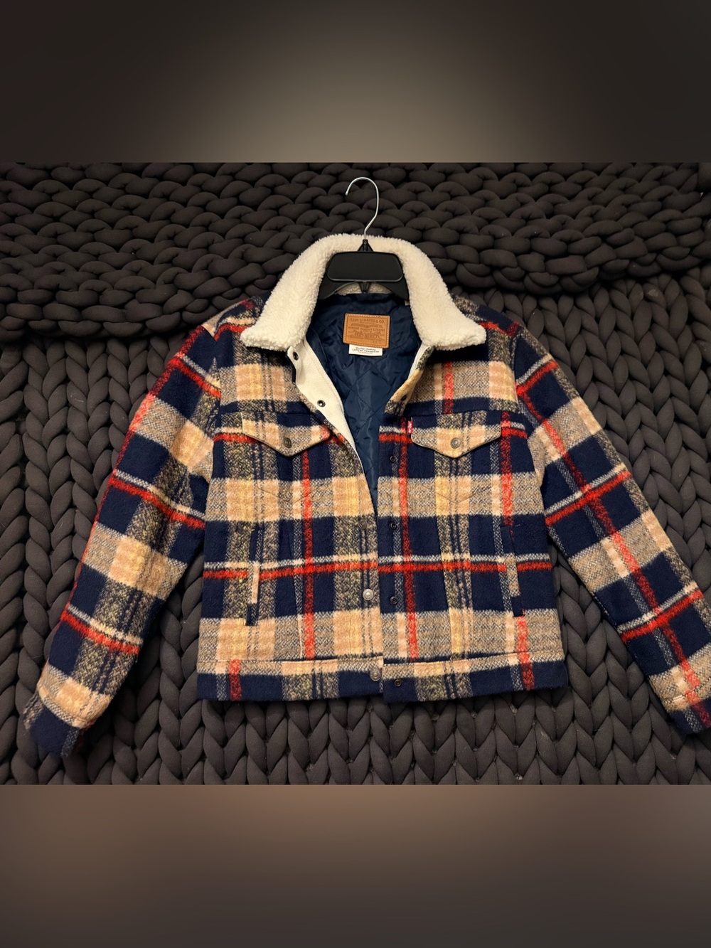 Levi’s Plaid Tweed Wool Blend Trucker Jacket Sherpa Snap Buttons